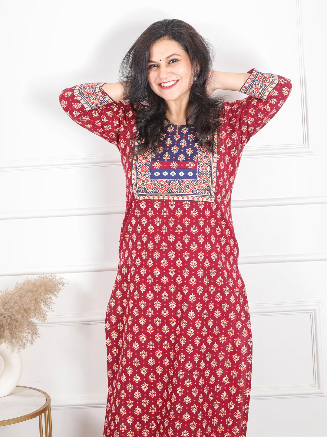 Raavi Wine Red Mirror Work in Gujjri Printed Cotton Kurti