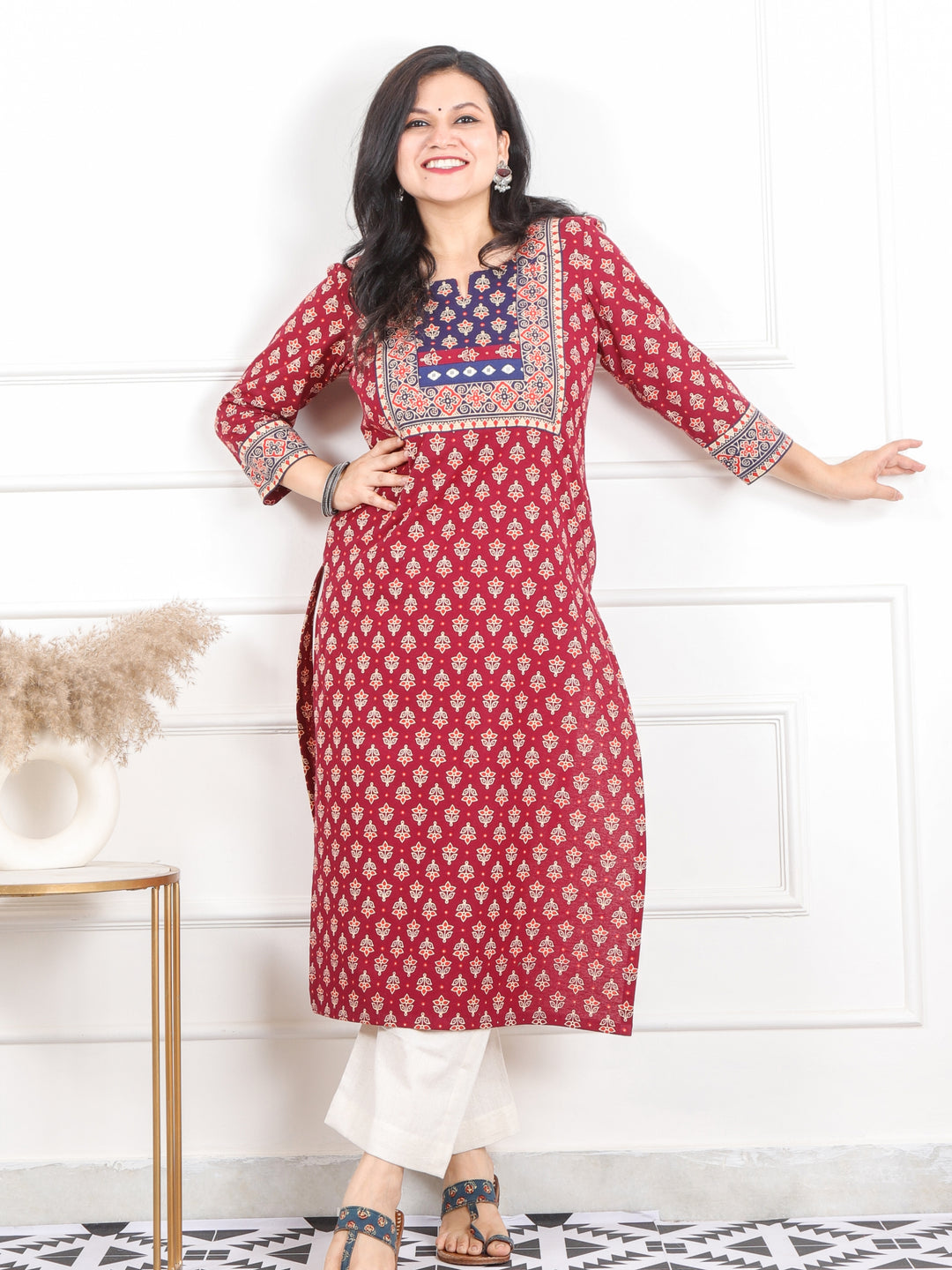 Raavi Wine Red Mirror Work in Gujjri Printed Cotton Kurti