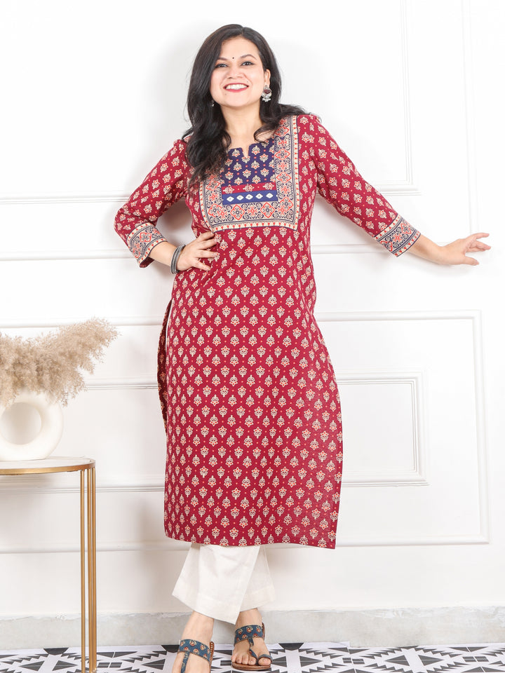 Raavi Wine Red Mirror Work in Gujjri Printed Cotton Kurti