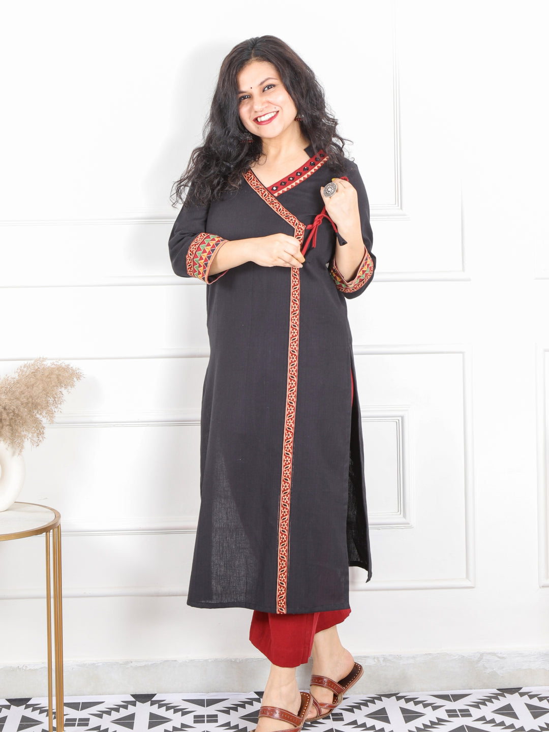 Raavi Coal Black Long Angrakha Style Neck Cotton Flex Kurti-D1