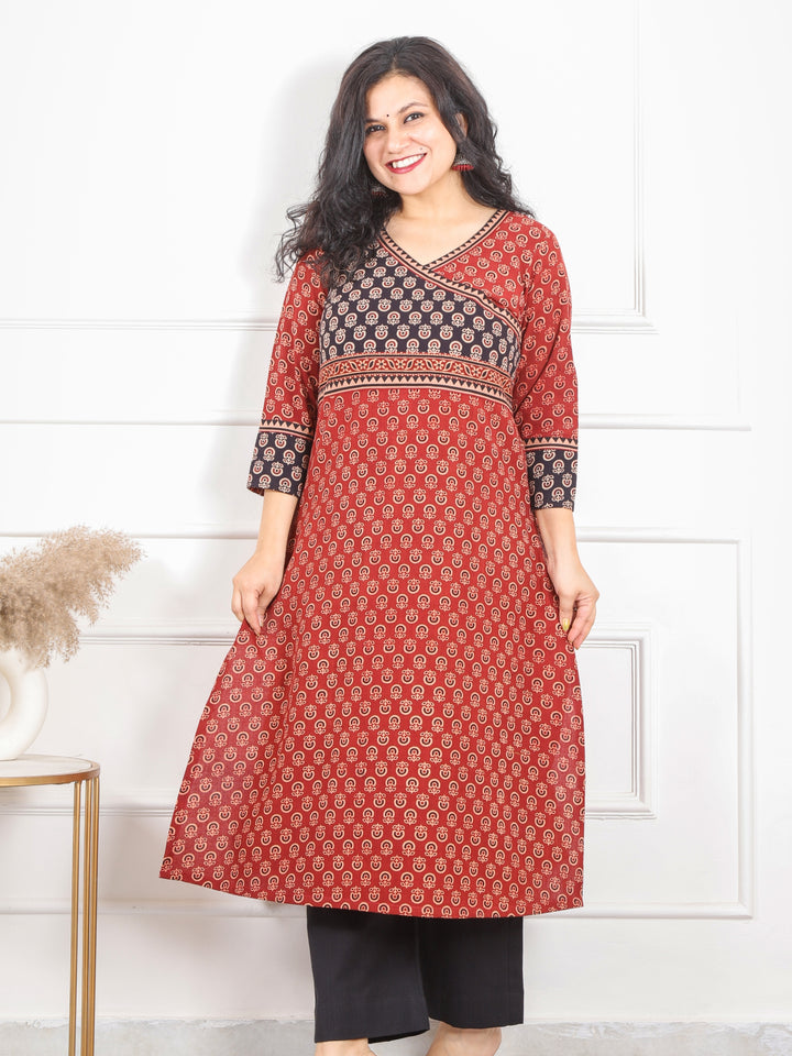 Raavi Carnation Red Gamthi Print In Modern Angrakha Cotton kurti