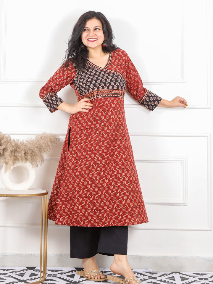 Raavi Carnation Red Gamthi Print In Modern Angrakha Cotton kurti