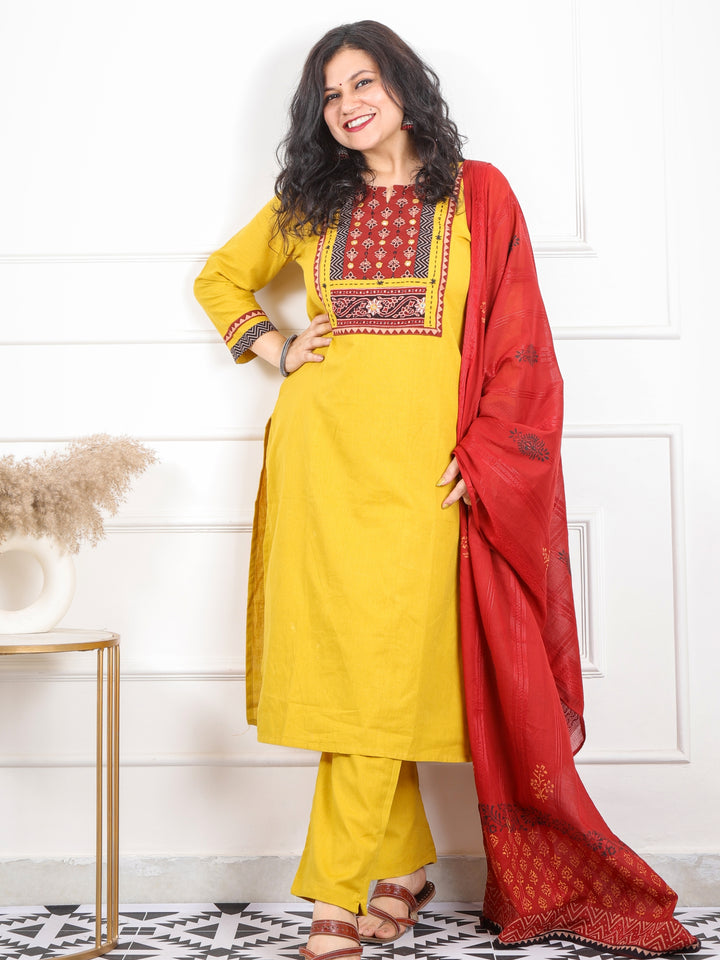 Raanjhaan Dijon Yellow Kutch Neck Work Cotton 3 Piece Set