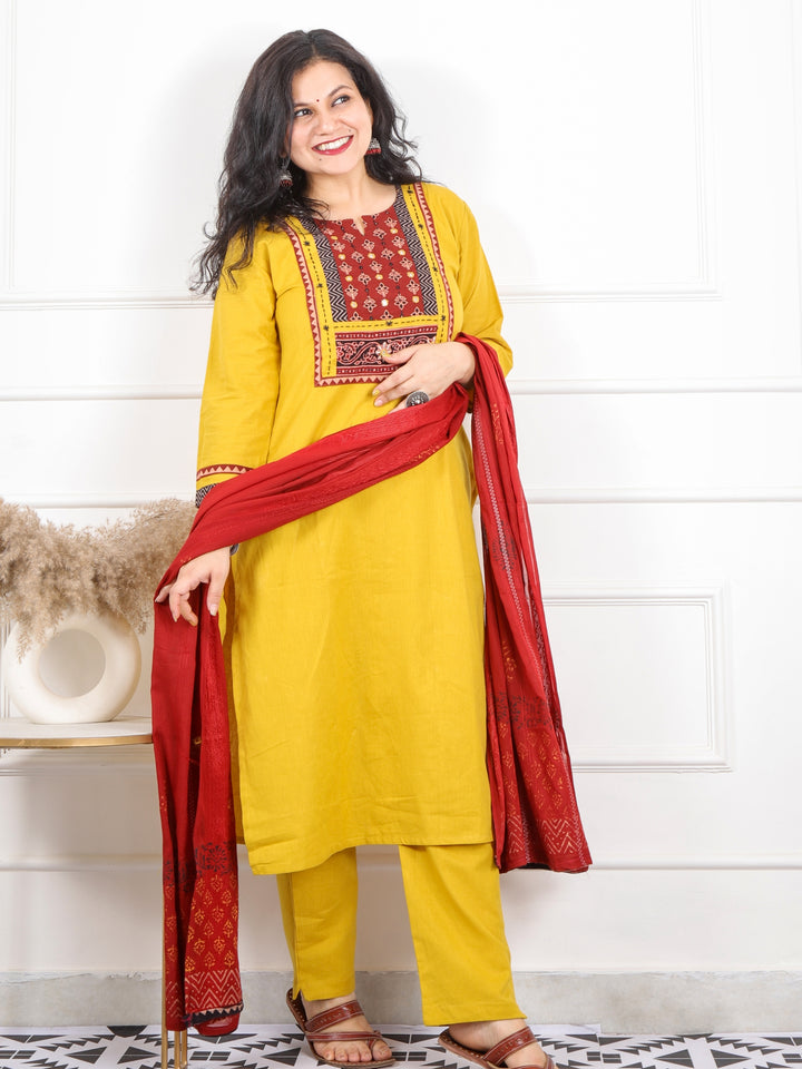 Raanjhaan Dijon Yellow Kutch Neck Work Cotton 3 Piece Set