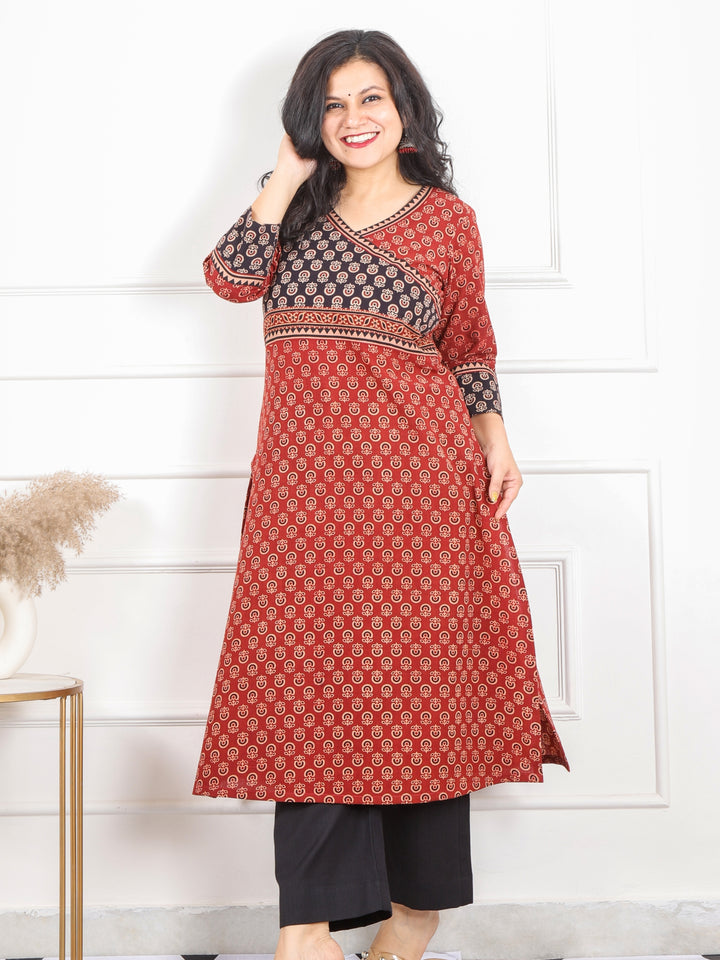 Raavi Carnation Red Gamthi Print In Modern Angrakha Cotton kurti