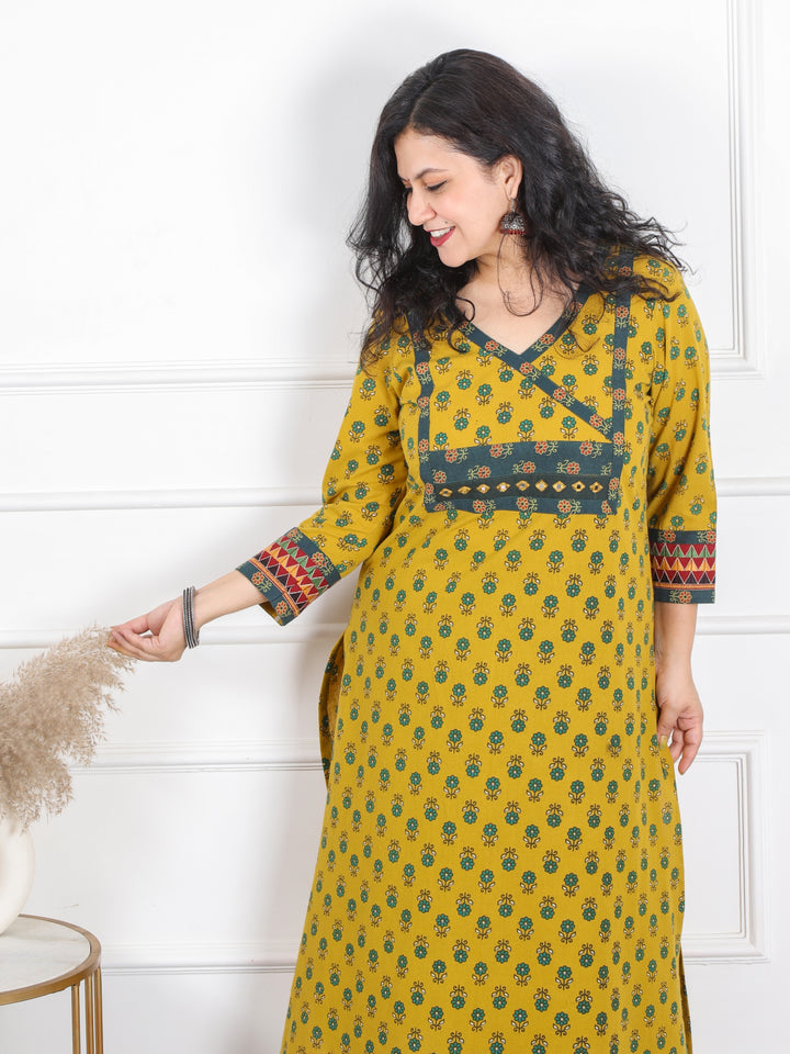 Raavi Citrine Yellow Ajrak Patch With Mirror Angrakha Printed Cotton Kurti