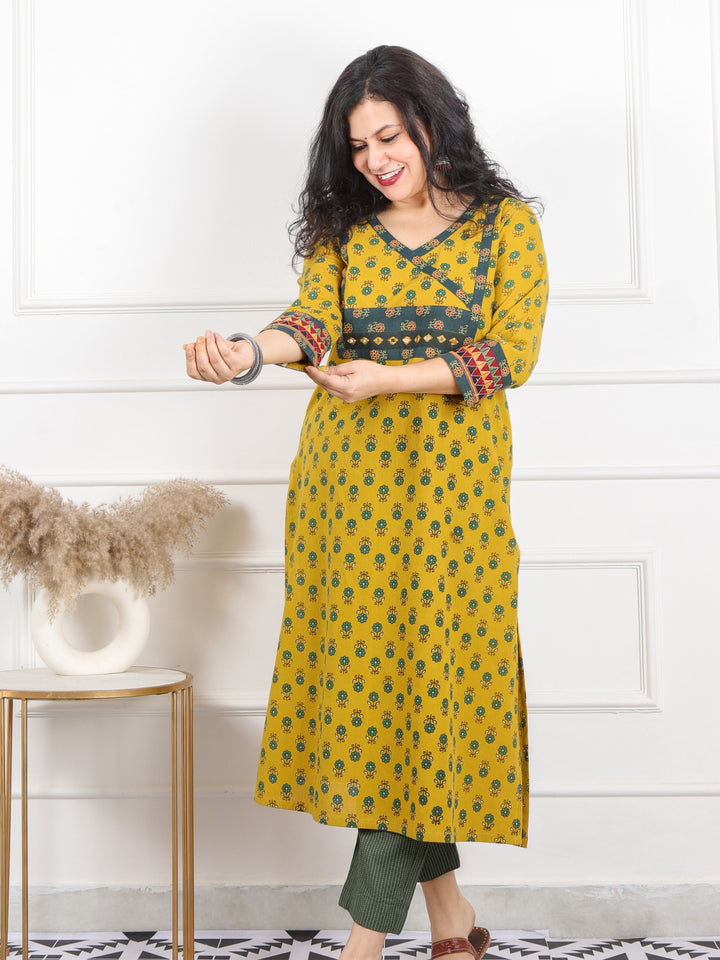 Raavi Citrine Yellow Ajrak Patch With Mirror Angrakha Printed Cotton Kurti