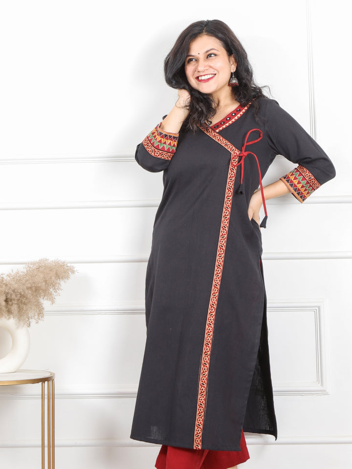 Raavi Coal Black Long Angrakha Style Neck Cotton Flex Kurti-D1