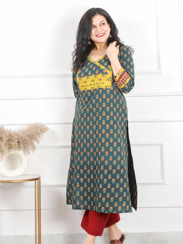 Raavi Hunter Green Ajrak Patch With Mirror Angrakha Printed Cotton Kurti