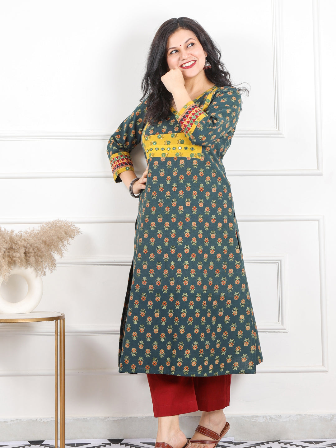 Raavi Hunter Green Ajrak Patch With Mirror Angrakha Printed Cotton Kurti