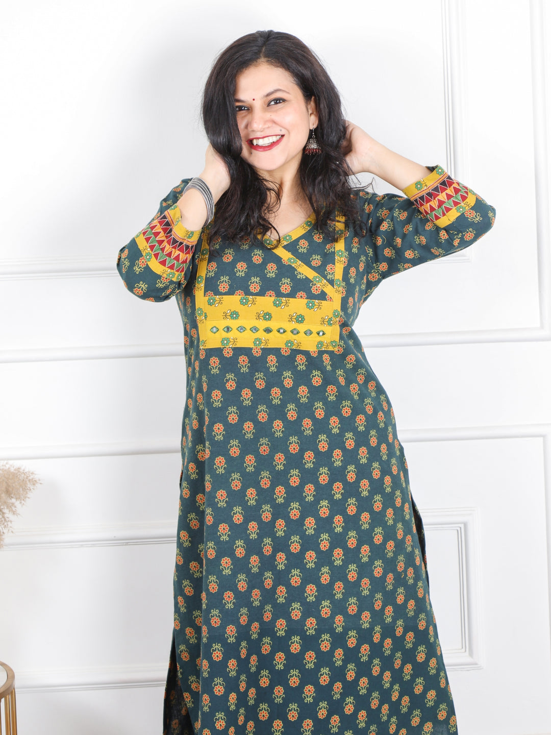 Raavi Hunter Green Ajrak Patch With Mirror Angrakha Printed Cotton Kurti