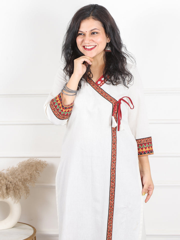 Raavi Pearl White Long Angrakha Style Neck Cotton Kurti-D1