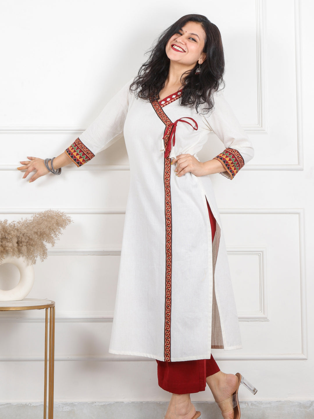 Raavi Pearl White Long Angrakha Style Neck Cotton Kurti-D1
