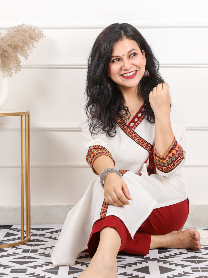 Raavi Pearl White Long Angrakha Style Neck Cotton Kurti-D1