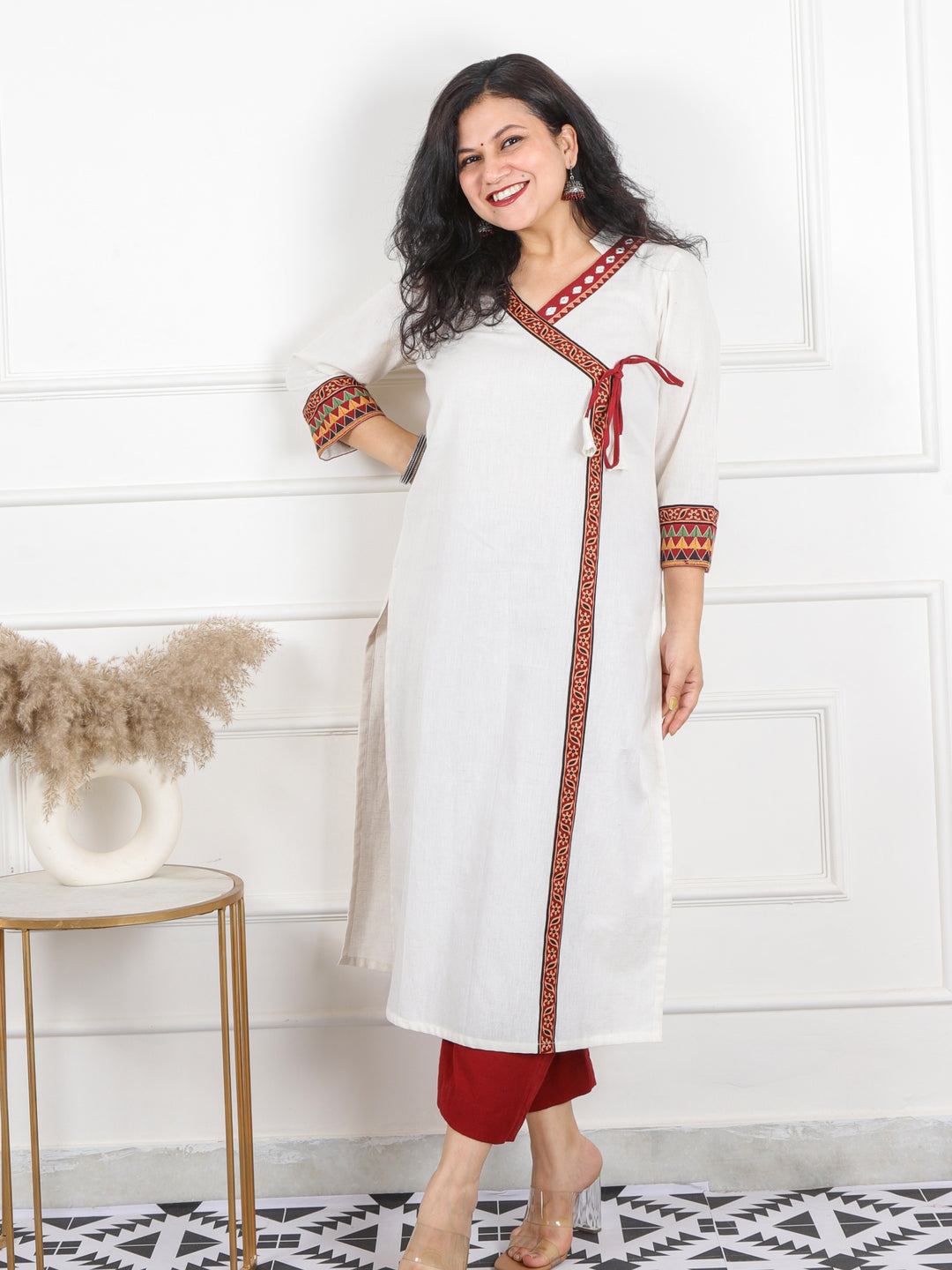 Raavi Pearl White Long Angrakha Style Neck Cotton Kurti-D1