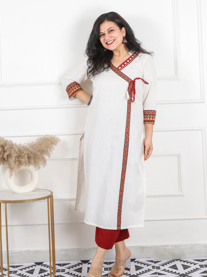 Raavi Pearl White Long Angrakha Style Neck Cotton Kurti-D1