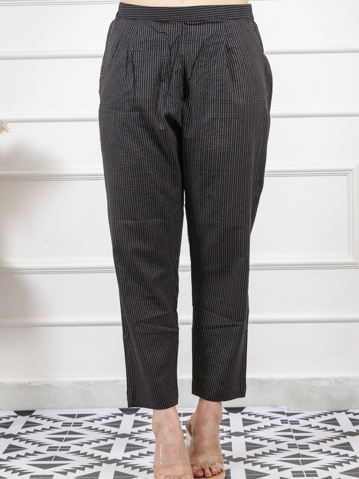 Midnight Black Running Stitch Work Cotton Trouser