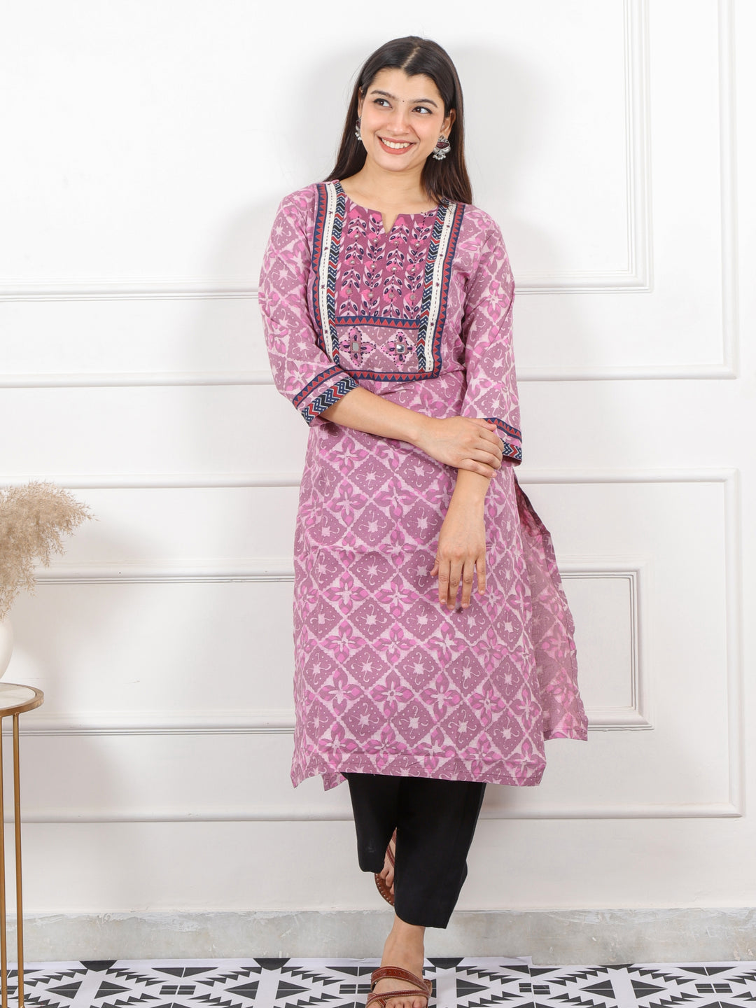 Ghoomar Orchid Purple Kutch Mirror Neck Work Dabu Cotton Kurti-D2