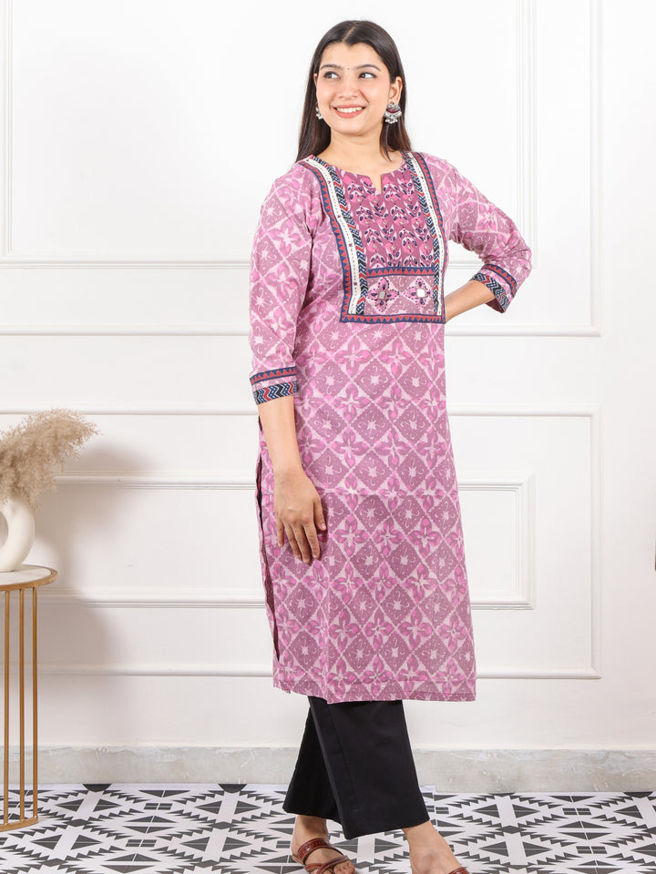 Ghoomar Orchid Purple Kutch Mirror Neck Work Dabu Cotton Kurti-D2