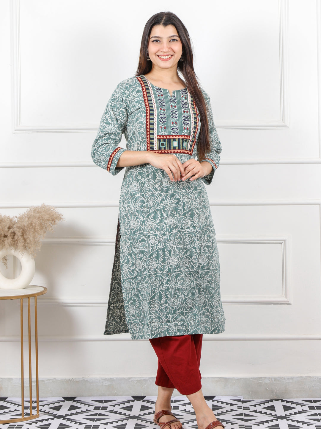 Ghoomar Sage Green Kutch Mirror Work Dabu Cotton Kantha Kurti-D2