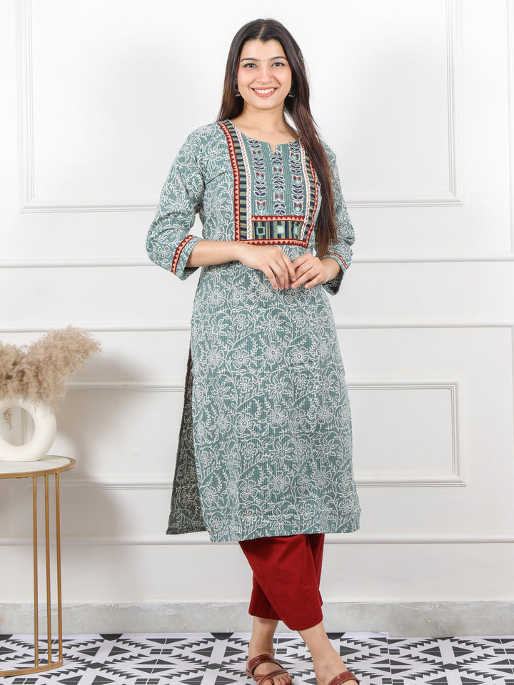 Ghoomar Sage Green Kutch Mirror Work Dabu Cotton Kantha Kurti-D2