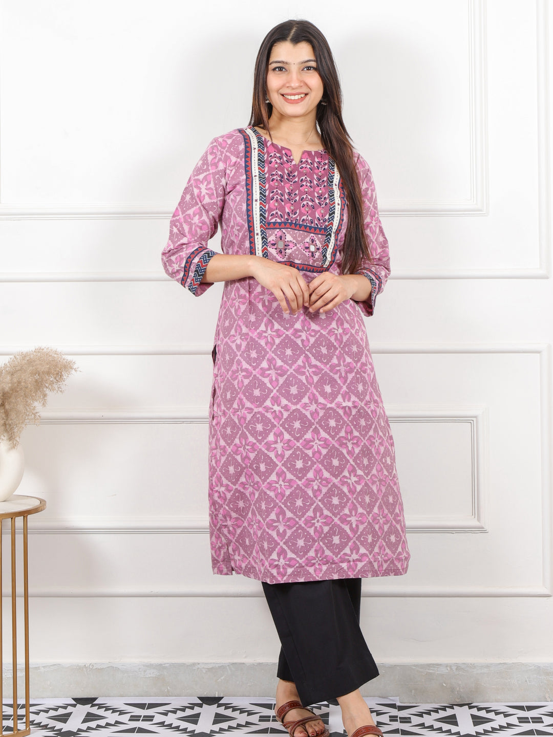 Ghoomar Orchid Purple Kutch Mirror Neck Work Dabu Cotton Kurti-D2