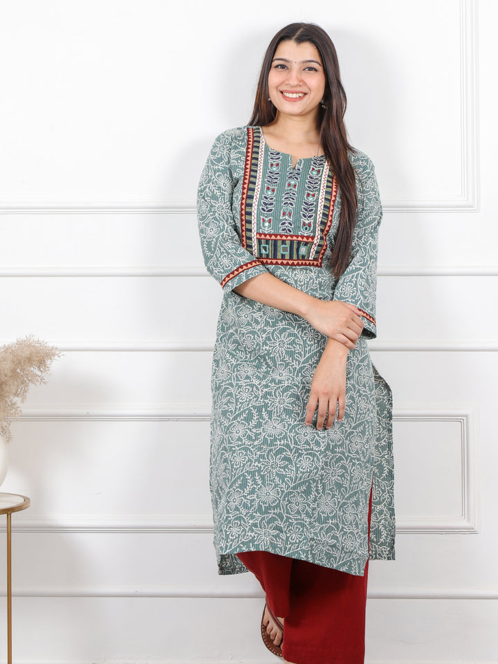 Ghoomar Sage Green Kutch Mirror Work Dabu Cotton Kantha Kurti-D2