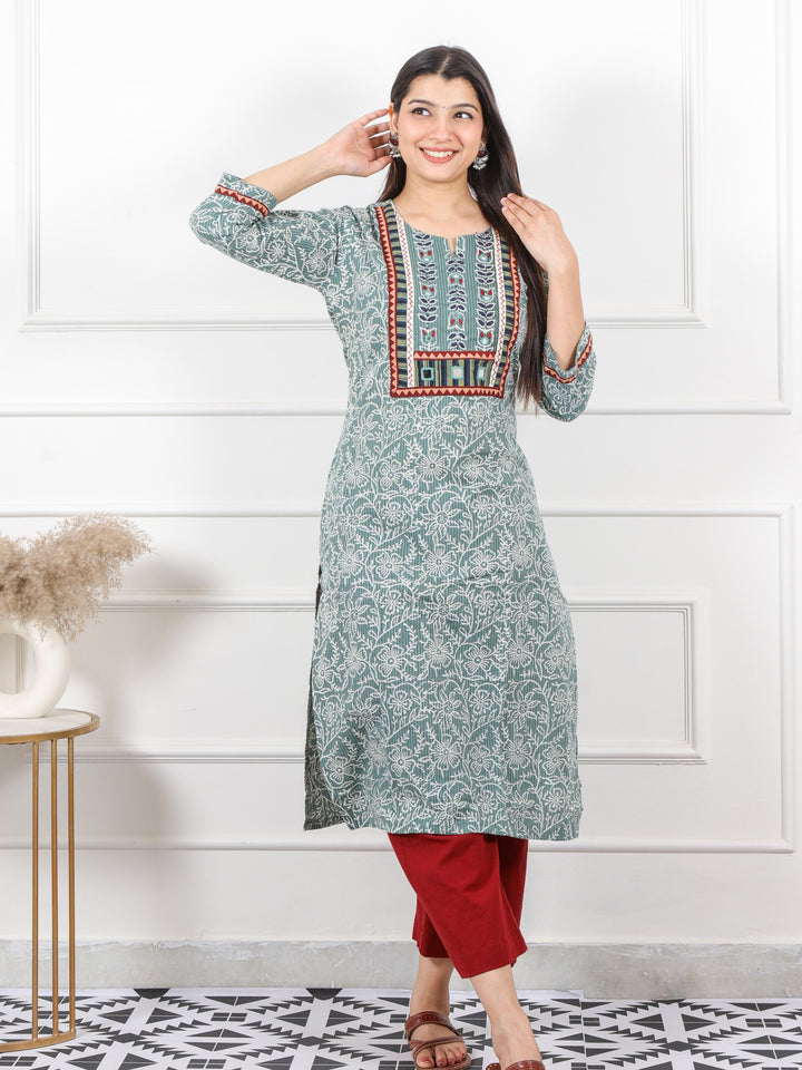 Ghoomar Sage Green Kutch Mirror Work Dabu Cotton Kantha Kurti-D2