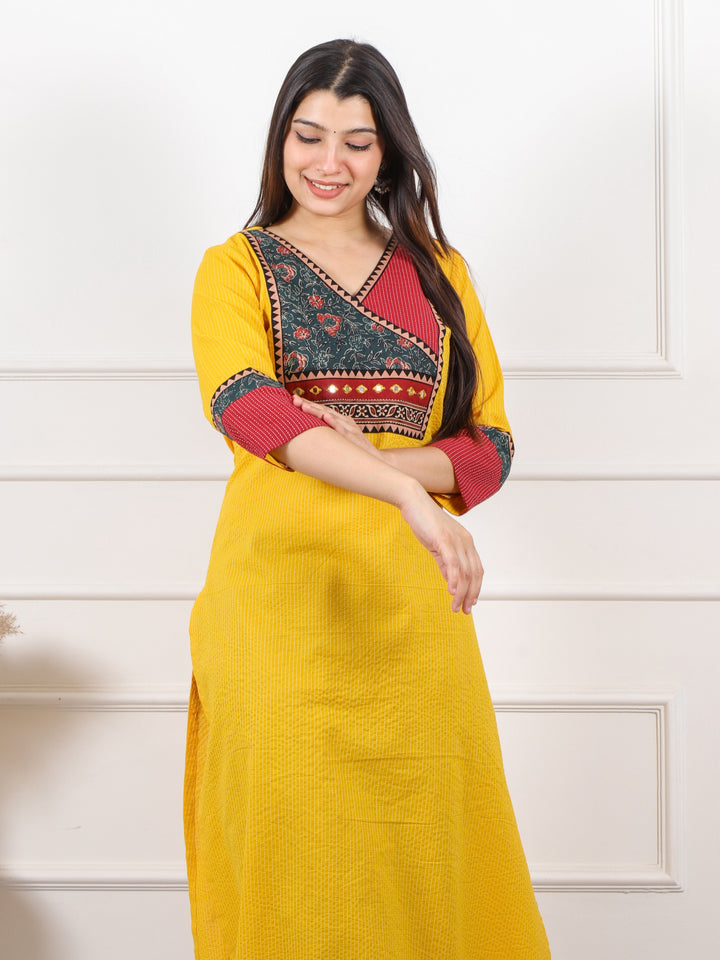 Ada Corn Yellow Kantha Cotton Kurti With Ajrak Patch Neck Kurti -D2