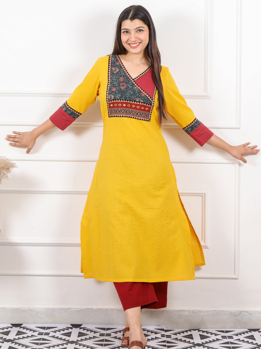 Ada Corn Yellow Kantha Cotton Kurti With Ajrak Patch Neck Kurti -D2