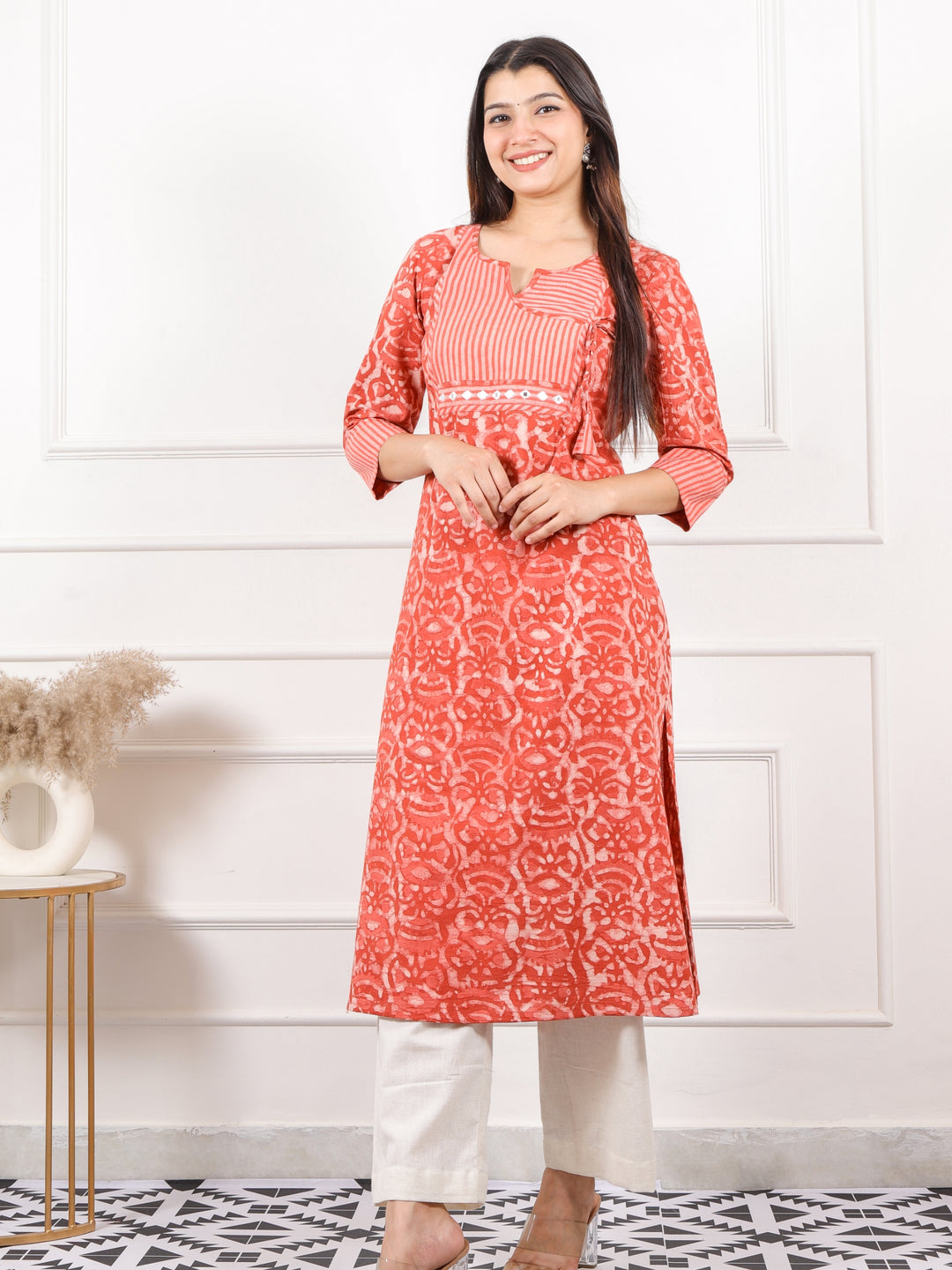 Ada Tangerine Orange Dabu Print Angrakha Neck Kurti with Mirror Work