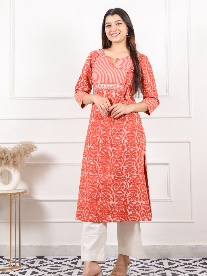 Ada Tangerine Orange Dabu Print Angrakha Neck Kurti with Mirror Work