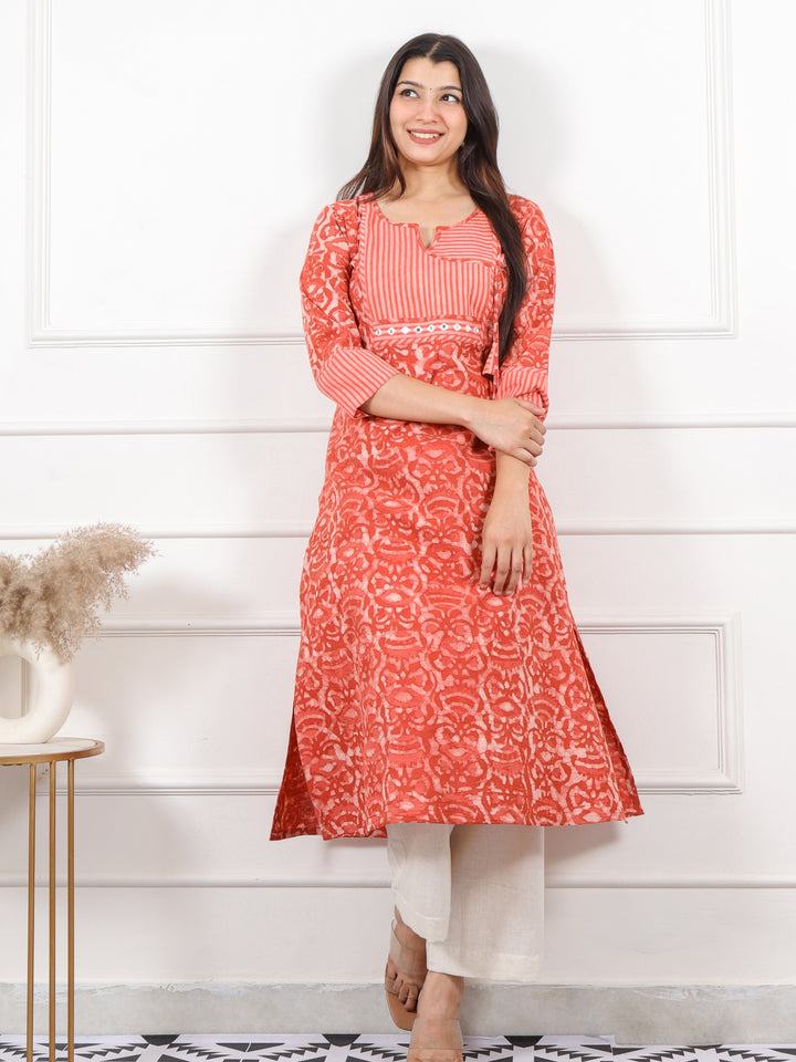 Ada Tangerine Orange Dabu Print Angrakha Neck Kurti with Mirror Work