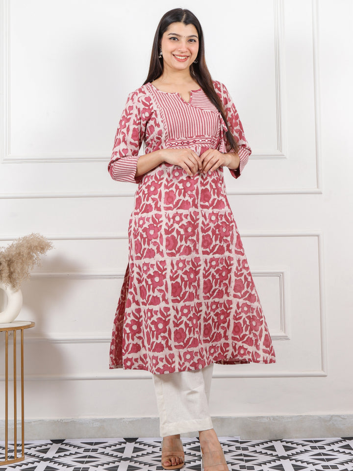 Ada Mauve Pink Dabu Print Angrakha Neck Kutch Work Cotton Kurti