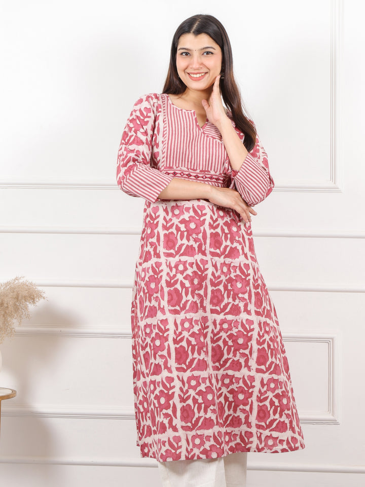 Ada Mauve Pink Dabu Print Angrakha Neck Kutch Work Cotton Kurti