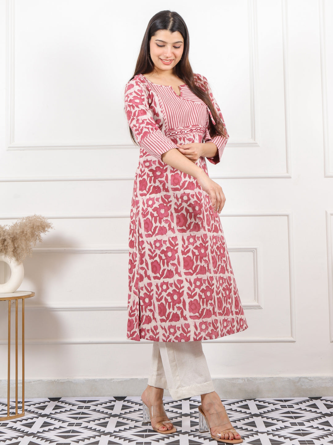 Ada Mauve Pink Dabu Print Angrakha Neck Kutch Work Cotton Kurti