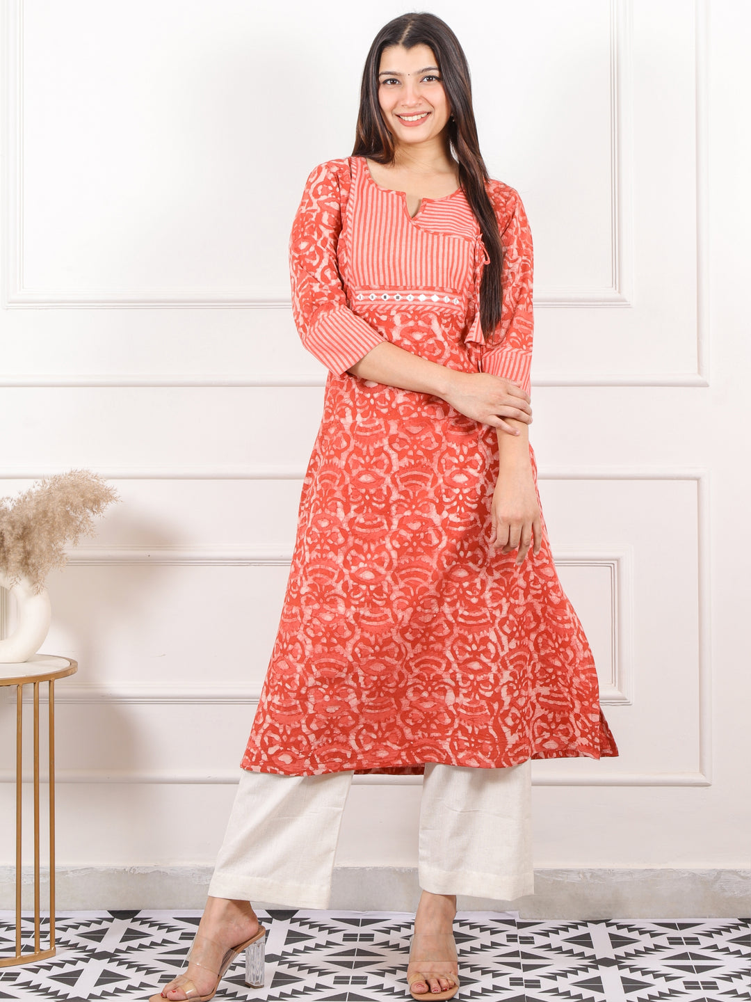Ada Tangerine Orange Dabu Print Angrakha Neck Kurti with Mirror Work