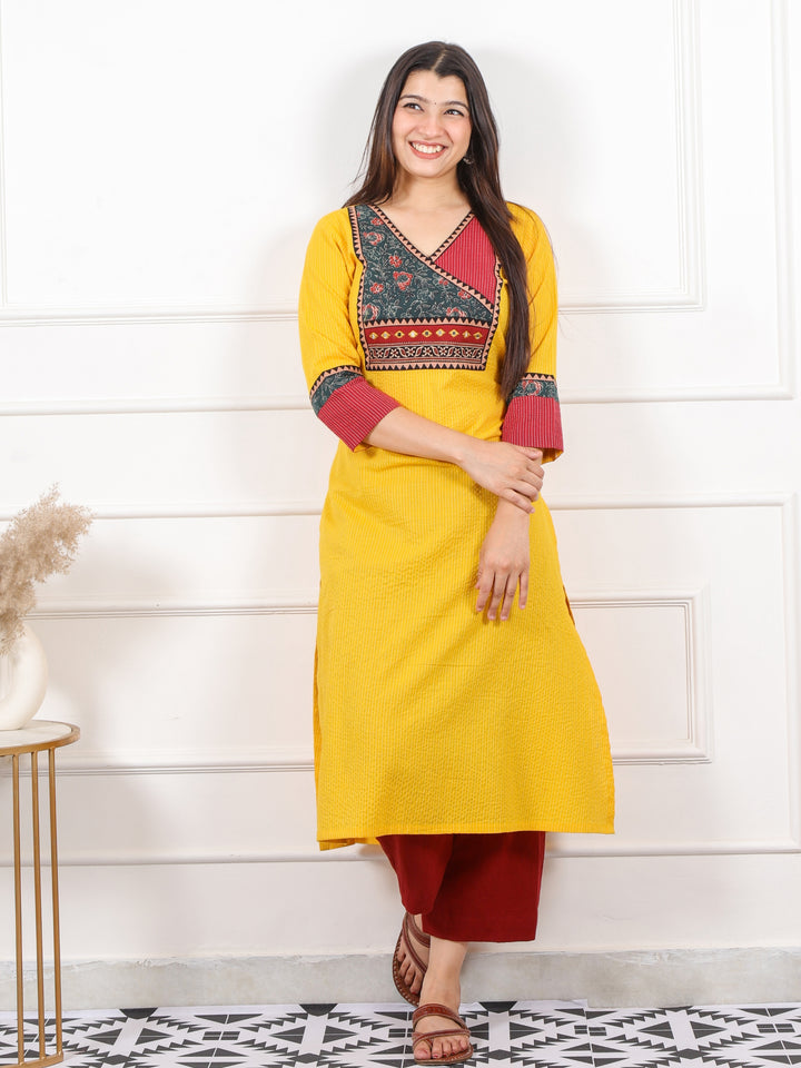 Ada Corn Yellow Kantha Cotton Kurti With Ajrak Patch Neck Kurti -D2