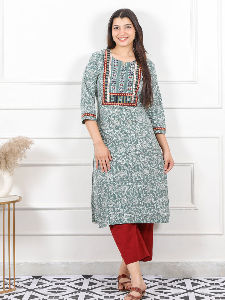 Ghoomar Sage Green Kutch Mirror Work Dabu Cotton Kantha Kurti-D2