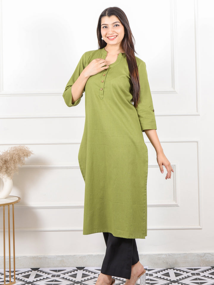 Ibaab Mehndi Green Plain Cotton Flex Kurti in Chinese Collar Neck with Button