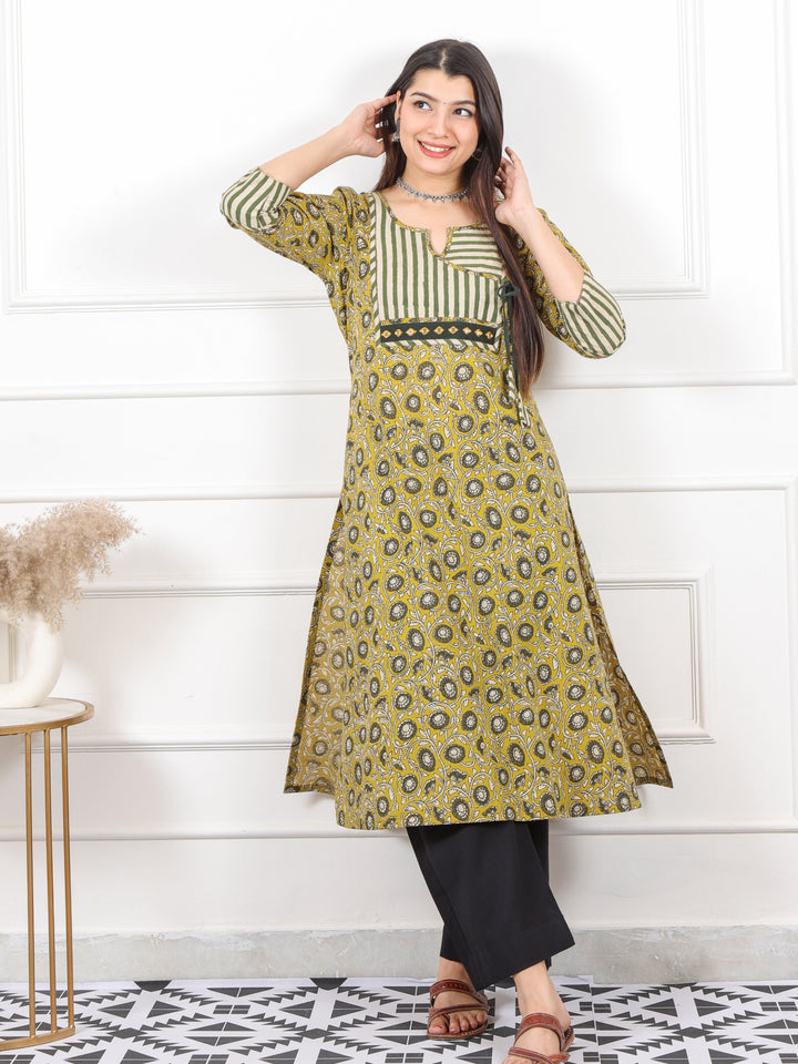 Rooh Lemonish Green Kalamkari Printed Kutch Neck Angrakha Cotton Kurti