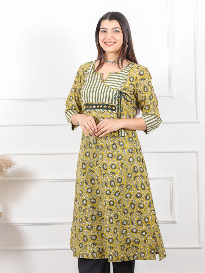 Rooh Lemonish Green Kalamkari Printed Kutch Neck Angrakha Cotton Kurti