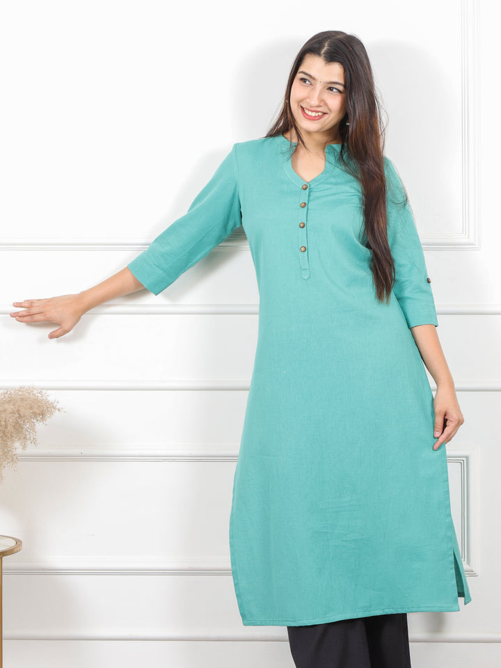 Ibaab Ocean Blue Plain Cotton Flex Kurti in Chinese Collar Neck with Button