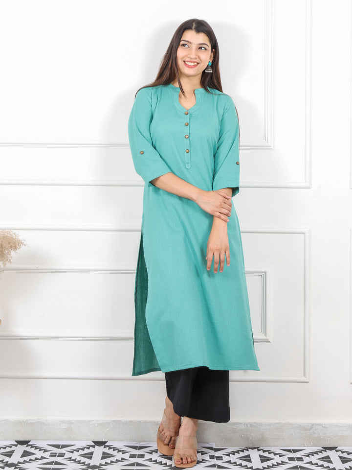 Ibaab Ocean Blue Plain Cotton Flex Kurti in Chinese Collar Neck with Button