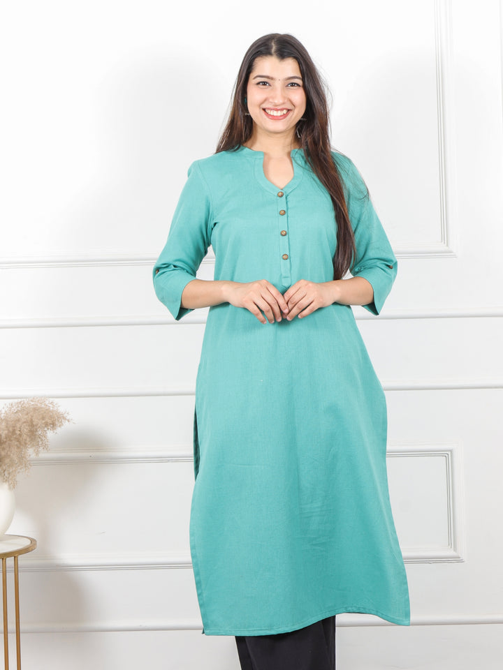 Ibaab Ocean Blue Plain Cotton Flex Kurti in Chinese Collar Neck with Button