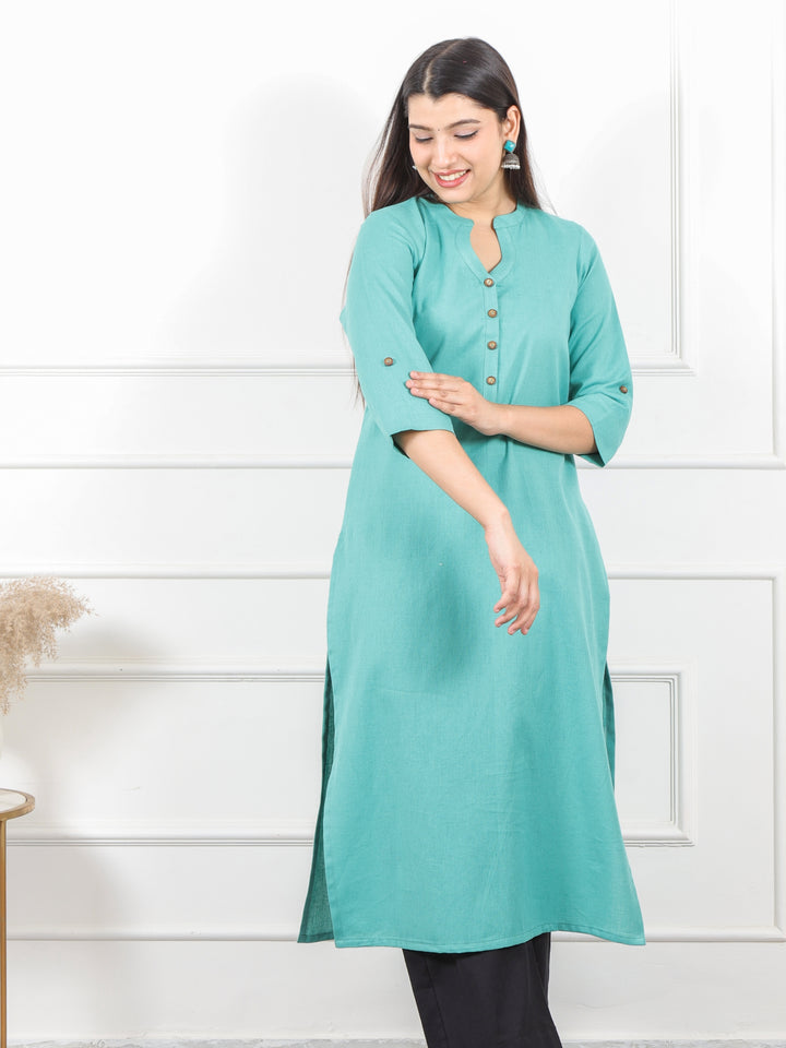 Ibaab Ocean Blue Plain Cotton Flex Kurti in Chinese Collar Neck with Button