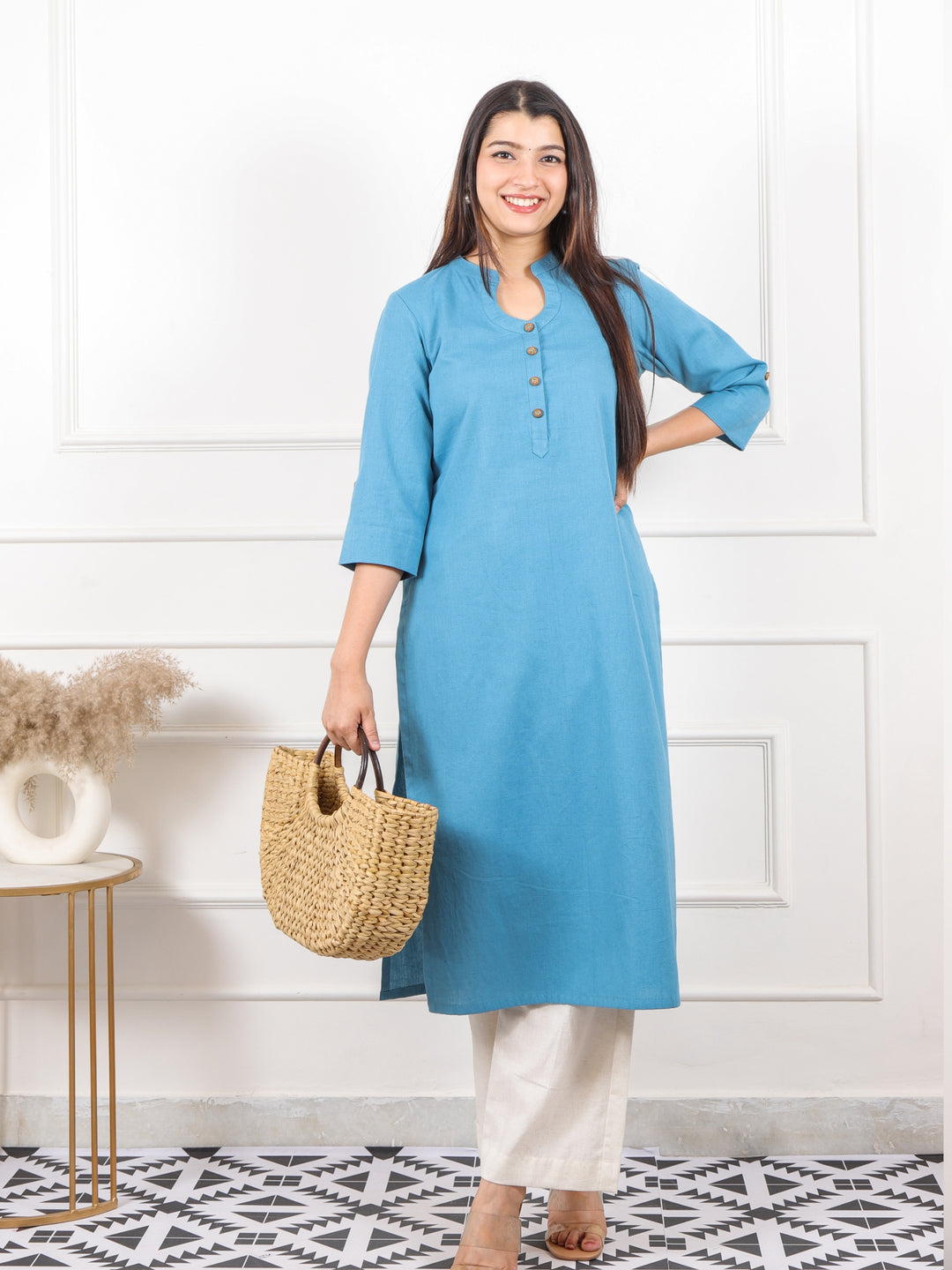 Ibaab Azure Blue Plain Cotton Flex Kurti in Chinese Collar Neck with Button