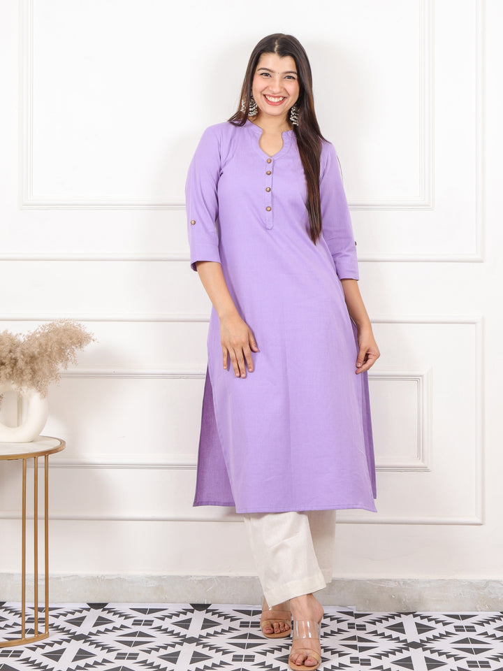 Ibaab Lilac Plain Cotton Flex Kurti in Chinese Collar Neck with Button