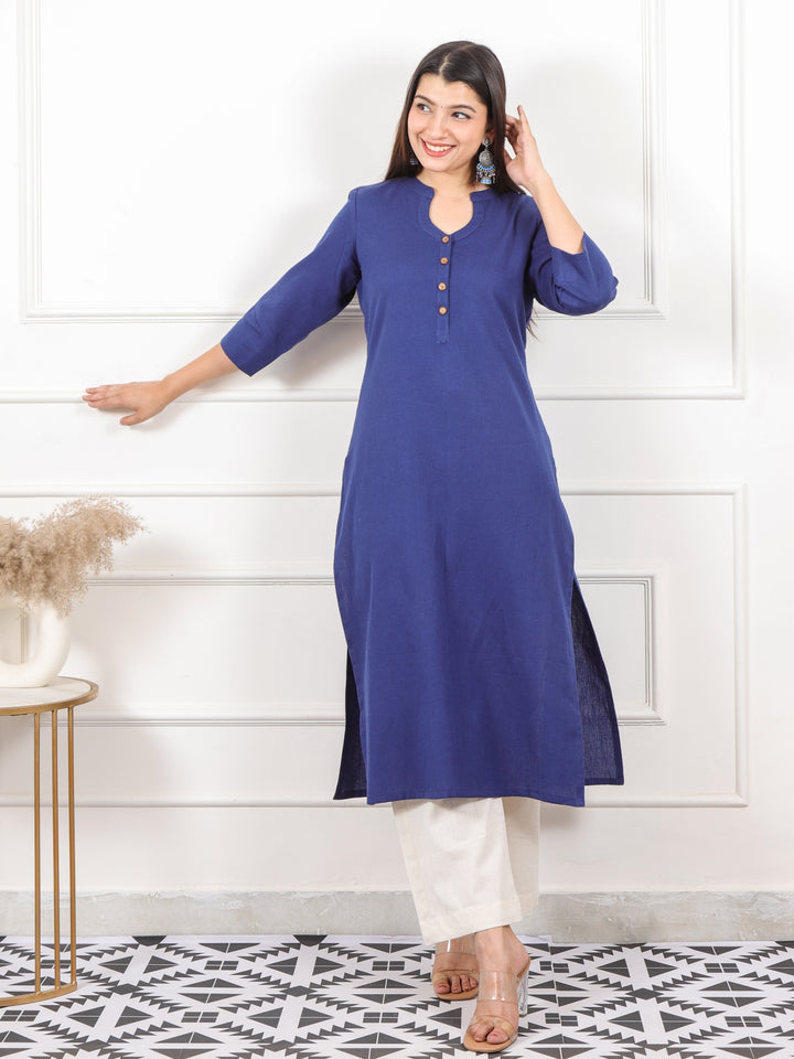 Ibaab Cerulean Blue Plain Cotton Flex Kurti in Chinese Collar Neck with Button