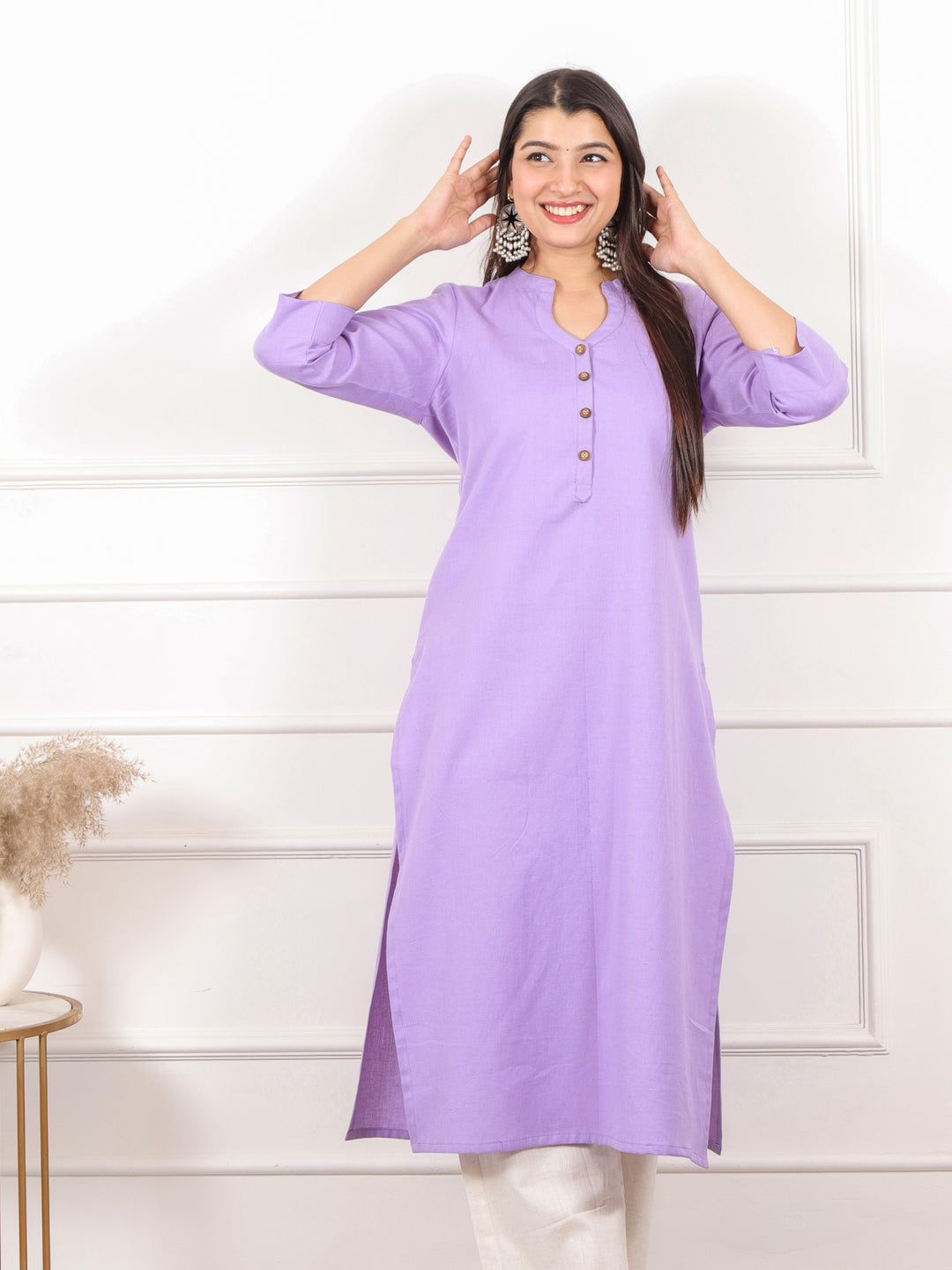 Ibaab Lilac Plain Cotton Flex Kurti in Chinese Collar Neck with Button